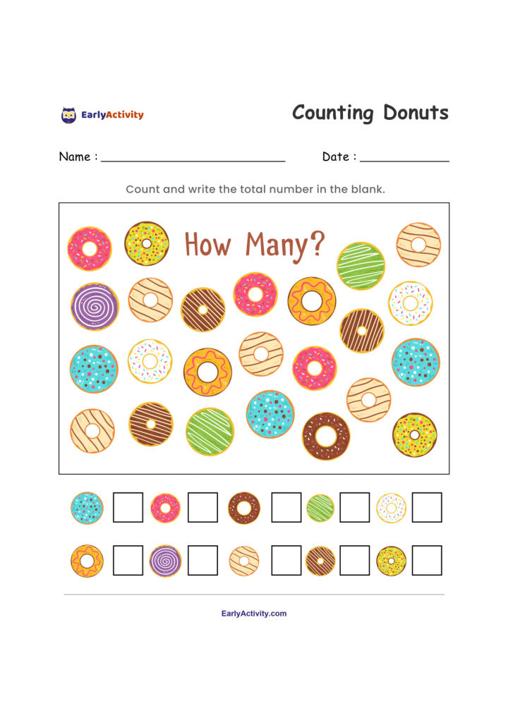 रंग-बिरंगे डोनट गिनने वाली वर्कशीट, जिसमें मिलते-जुलते डोनट के चित्र और कुल संख्या लिखने के लिए खाली खाने हैं।