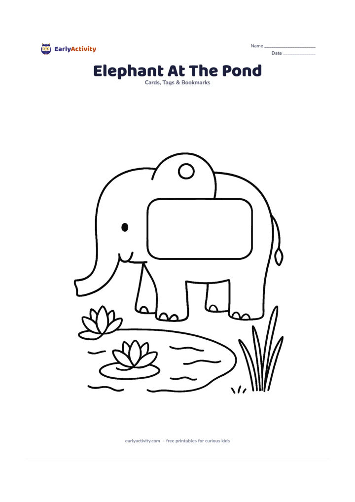 Worksheet: Draw an elephant-shaped gift tag standing beside a small pond, with its trunk dipping toward the water, two lotus flowers and a few reeds. Reserve a large blank panel on the elephant's…