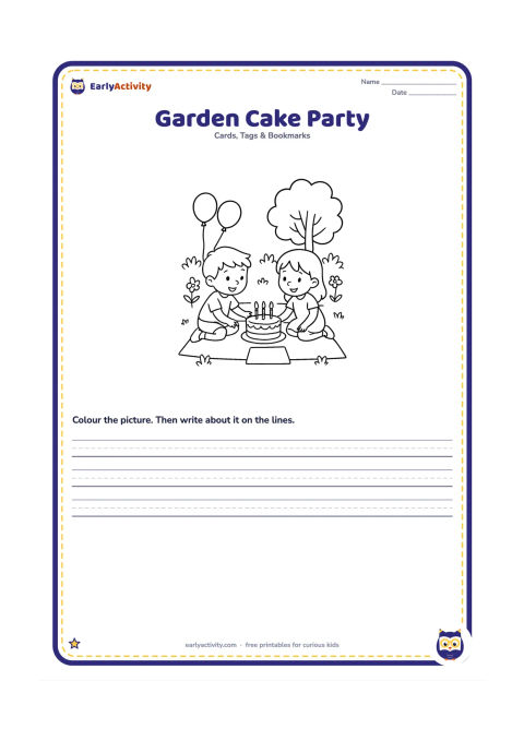 Worksheet: Draw two children sitting on a picnic mat in a garden, reaching toward a birthday cake between them. Add balloons, simple flowers, a leafy tree, and a blank rectangular card panel on the…
