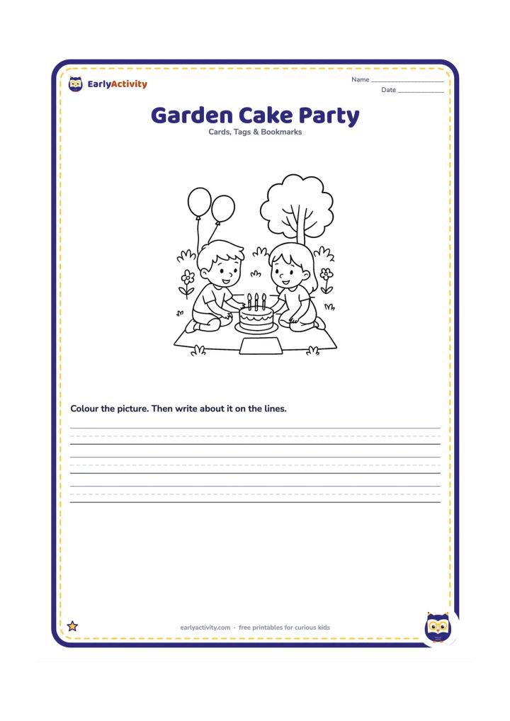 Worksheet: Draw two children sitting on a picnic mat in a garden, reaching toward a birthday cake between them. Add balloons, simple flowers, a leafy tree, and a blank rectangular card panel on the…