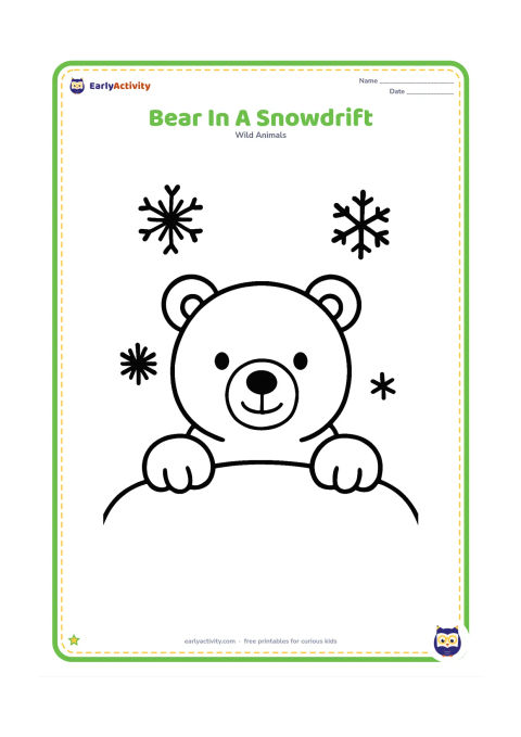 Colouring page: A polar bear peeks over a large rounded snowdrift, showing its head, ears and two front paws, with three simple snowflakes around it.