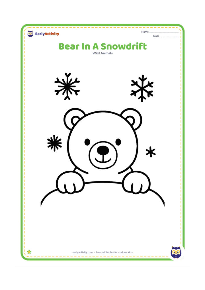 Colouring page: A polar bear peeks over a large rounded snowdrift, showing its head, ears and two front paws, with three simple snowflakes around it.