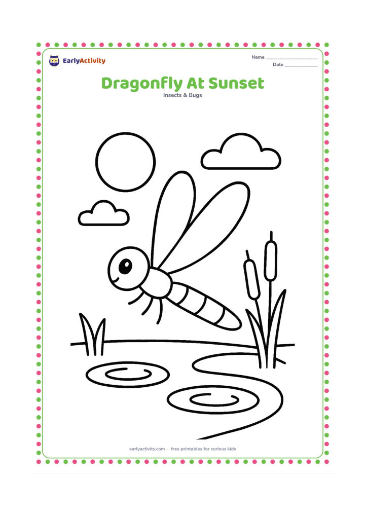 Colouring page: A dragonfly flies across a low pond at sunset, with a large round sun, simple clouds, reeds, and two water ripples. Show the insect in profile with its wings spread.