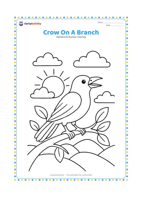 Colouring page: A friendly crow perches on a leafy tree branch at sunrise, with three clouds and distant rounded hills behind it. Show the bird in side view with an open beak.