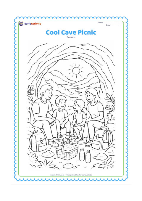 Colouring page: Draw a family resting at the entrance of a safe, bright hill cave during a summer outing. Include a picnic basket, water bottles, backpacks, leafy plants, rocks, a sunlit valley, and a…