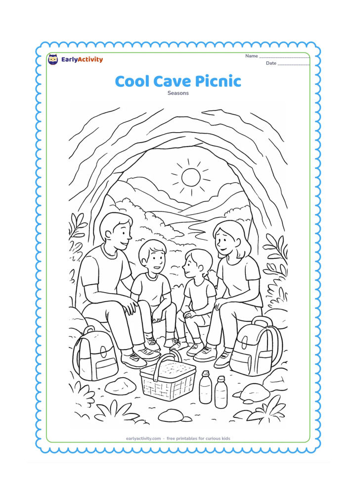 Colouring page: Draw a family resting at the entrance of a safe, bright hill cave during a summer outing. Include a picnic basket, water bottles, backpacks, leafy plants, rocks, a sunlit valley, and a…