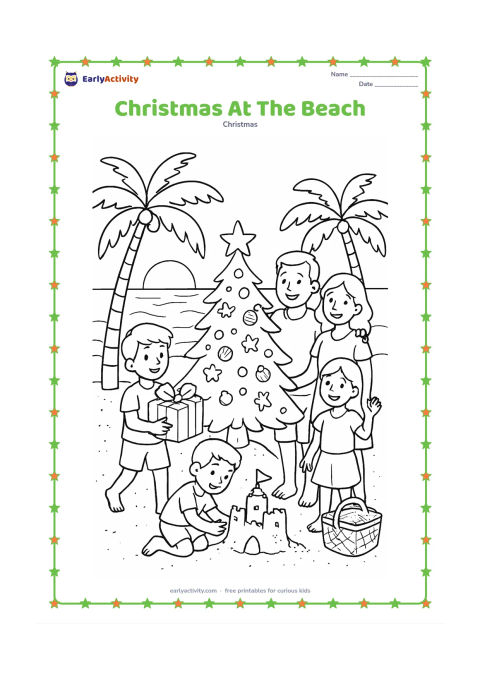 Colouring page: A family celebrates beside a small beachside Christmas tree decorated with shells and stars, while one child builds a sandcastle and another carries a gift. Include palm trees, gentle…
