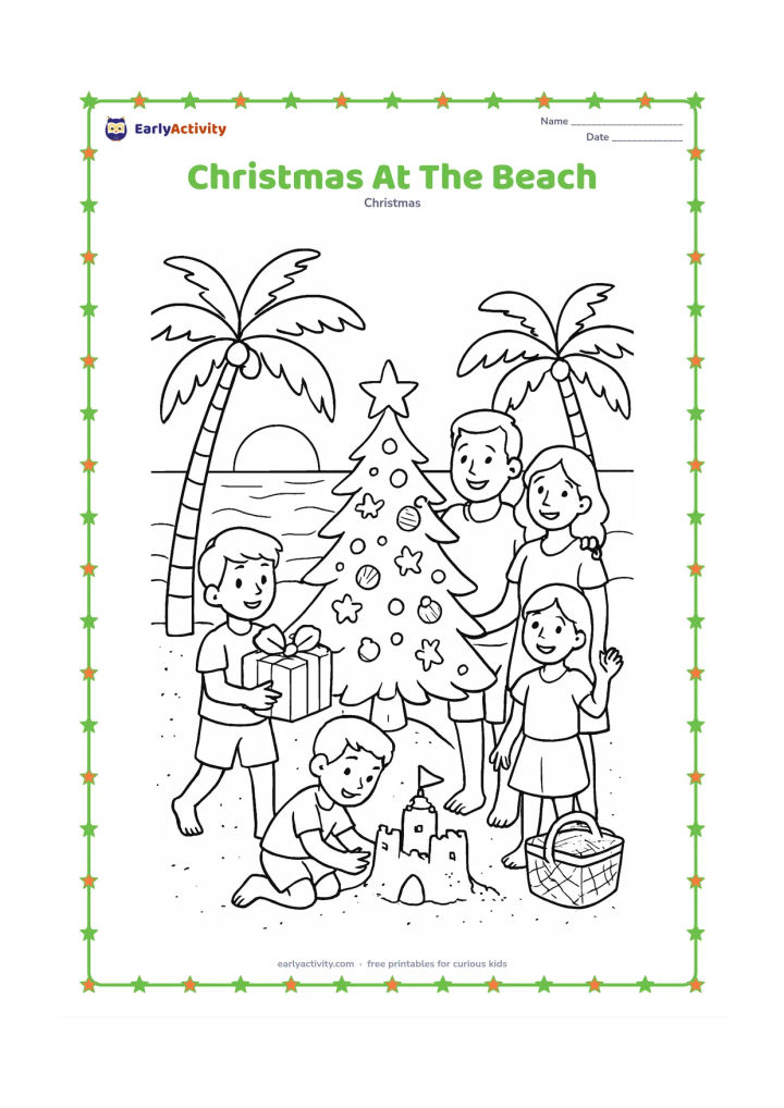 Colouring page: A family celebrates beside a small beachside Christmas tree decorated with shells and stars, while one child builds a sandcastle and another carries a gift. Include palm trees, gentle…