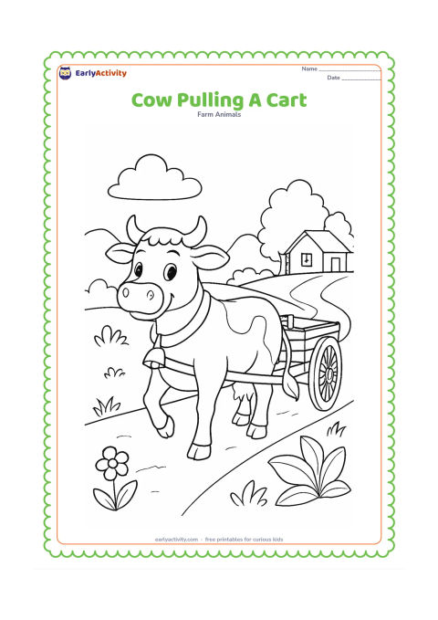 Colouring page: A strong but friendly cow pulls a simple wooden farm cart along a village road. Include a yoke, cart wheels, roadside plants, a small house, and distant trees.