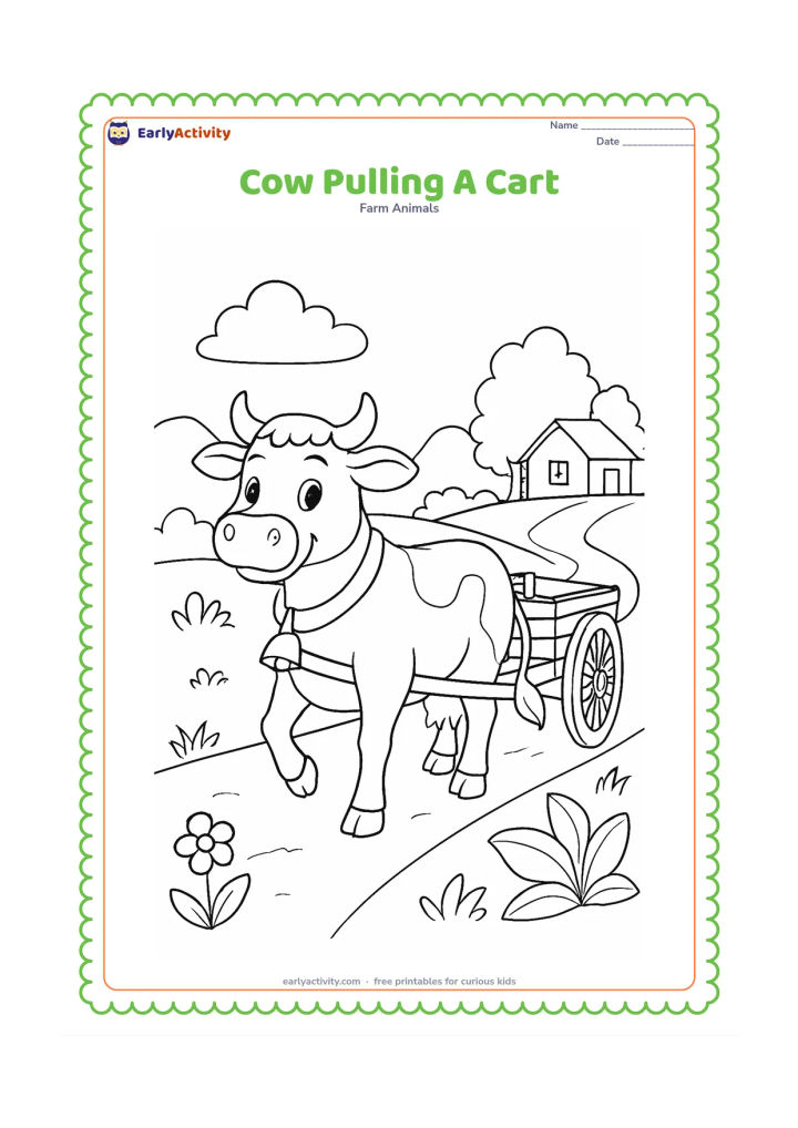 Colouring page: A strong but friendly cow pulls a simple wooden farm cart along a village road. Include a yoke, cart wheels, roadside plants, a small house, and distant trees.