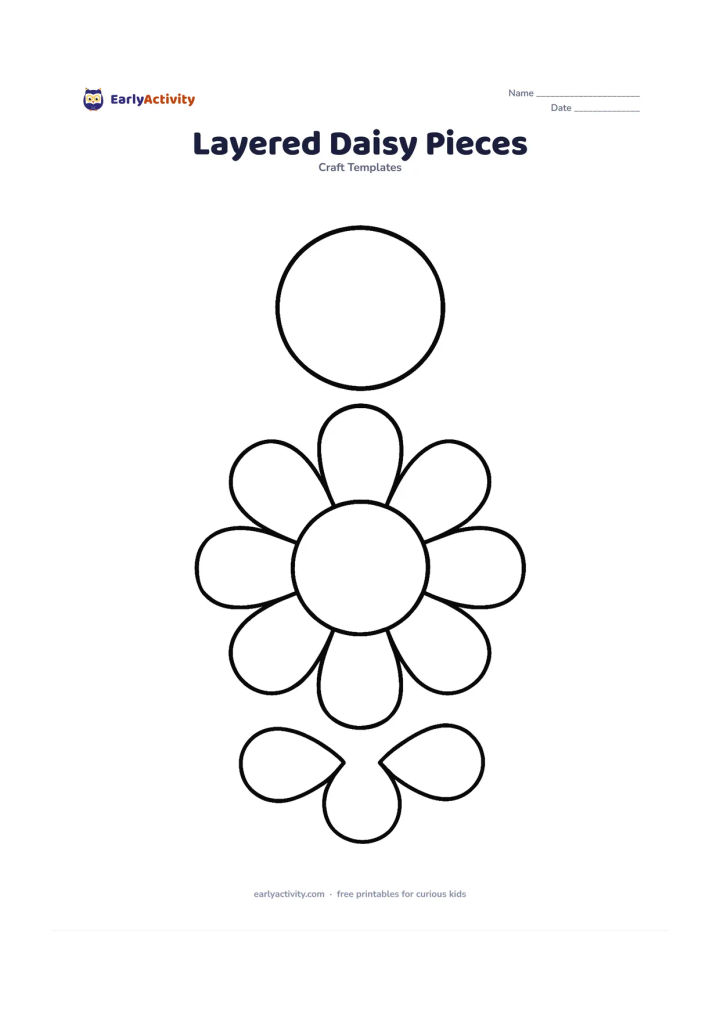 Worksheet: A large daisy arranged as separate printable pieces: one circular centre, one complete layer of eight broad petals and one smaller layer of four petals. Keep each piece clearly separated…