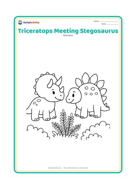 Colouring page: A friendly triceratops and a stegosaurus face one another beside a patch of ferns and low bushes. Show both complete bodies, with relaxed poses and no conflict.