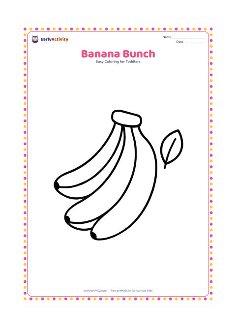 Colouring page: Draw three large bananas joined at their stems, with smooth curved outlines and one small leaf beside them. Keep them centered with plenty of open space.