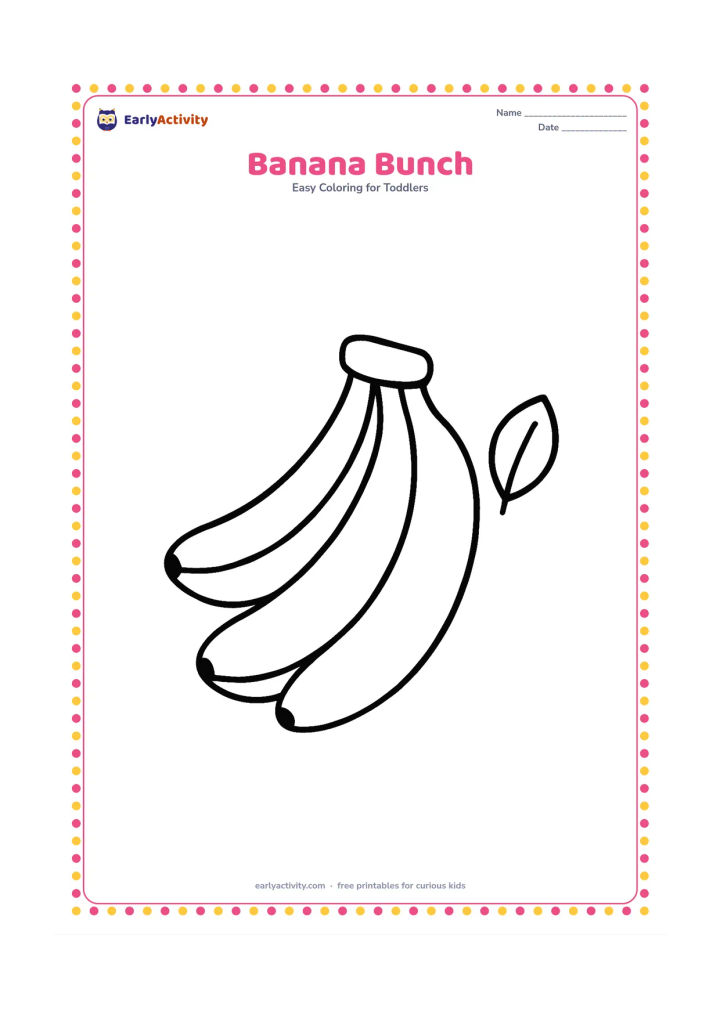 Colouring page: Draw three large bananas joined at their stems, with smooth curved outlines and one small leaf beside them. Keep them centered with plenty of open space.
