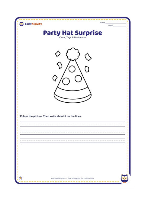 Worksheet: Draw one oversized cone party hat with a pom-pom, three large spots, and a wide blank band near the bottom. Add a few big pieces of confetti around the hat.