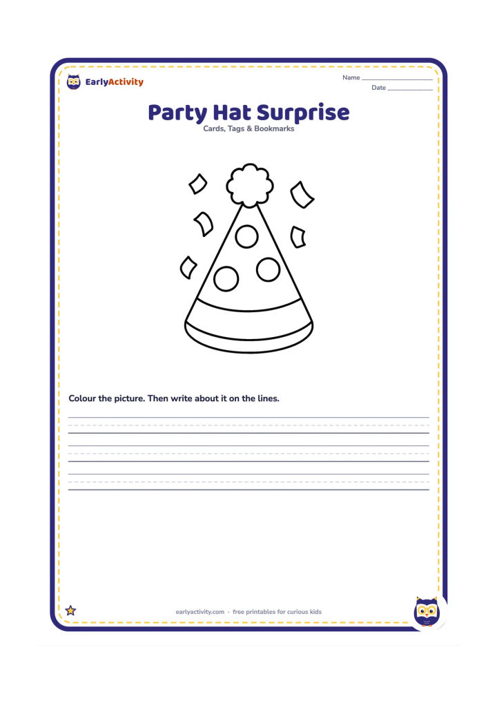 Worksheet: Draw one oversized cone party hat with a pom-pom, three large spots, and a wide blank band near the bottom. Add a few big pieces of confetti around the hat.