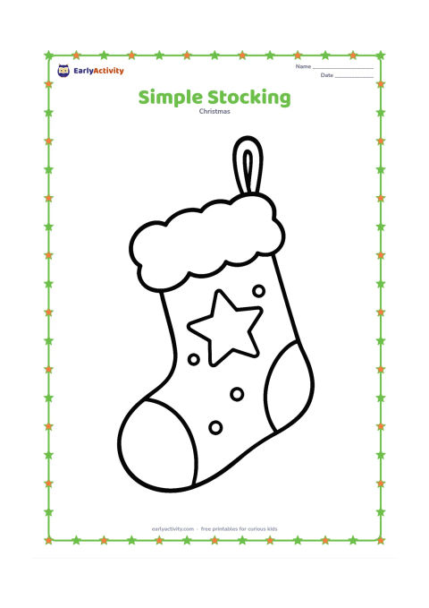 Colouring page: Draw one large Christmas stocking hanging from a plain hook, with a fluffy cuff, a few dots and a simple star decoration.