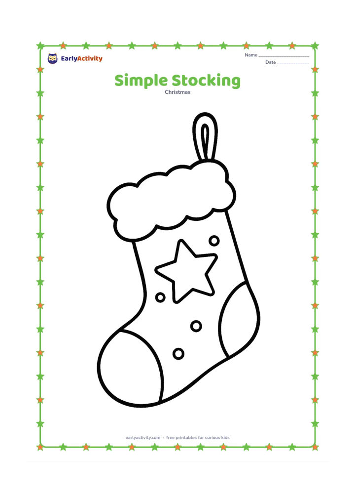 Colouring page: Draw one large Christmas stocking hanging from a plain hook, with a fluffy cuff, a few dots and a simple star decoration.