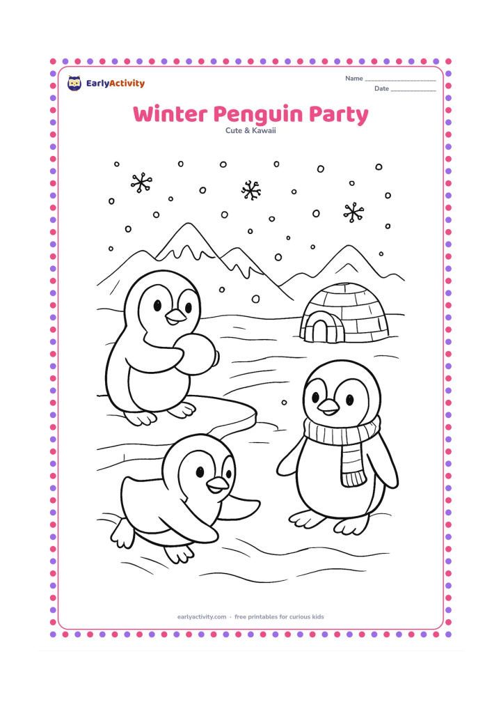 Colouring page: Three penguins gather on snowy ice, one sliding, one holding a snowball and one wearing a plain knitted scarf. Add icebergs, falling snow, a small igloo and distant mountains.