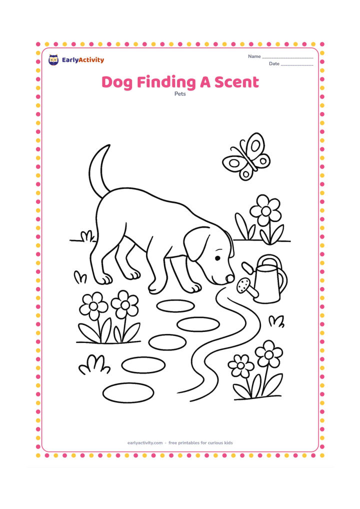 Colouring page: Draw a dog lowering its nose to follow a winding scent trail through a garden, with its tail raised and ears angled forward. Add stepping stones, flower beds, a watering can, and a…