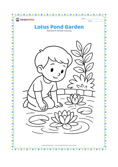Colouring page: Draw a child kneeling beside a pond and looking at several lotus flowers, lily pads and gentle ripples. Include a low stone border and a leafy plant in the background.