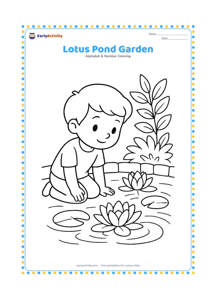 Colouring page: Draw a child kneeling beside a pond and looking at several lotus flowers, lily pads and gentle ripples. Include a low stone border and a leafy plant in the background.