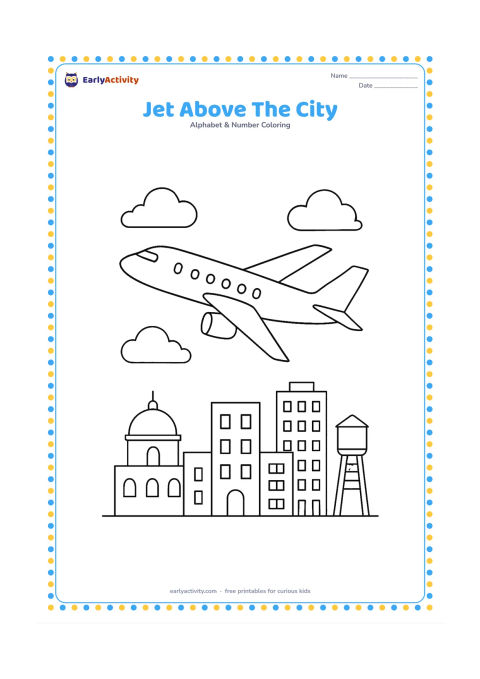 Colouring page: Draw a jet flying above a city skyline with domes, apartment buildings, a water tank, and a few clouds. Show the aircraft diagonally crossing the upper part of the page.