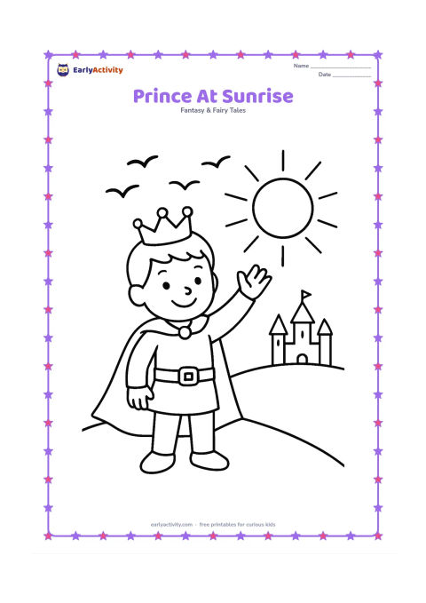 Colouring page: A smiling prince stands on a hill and raises one hand toward a large rising sun. Include a simple castle silhouette in the distance and three large birds.