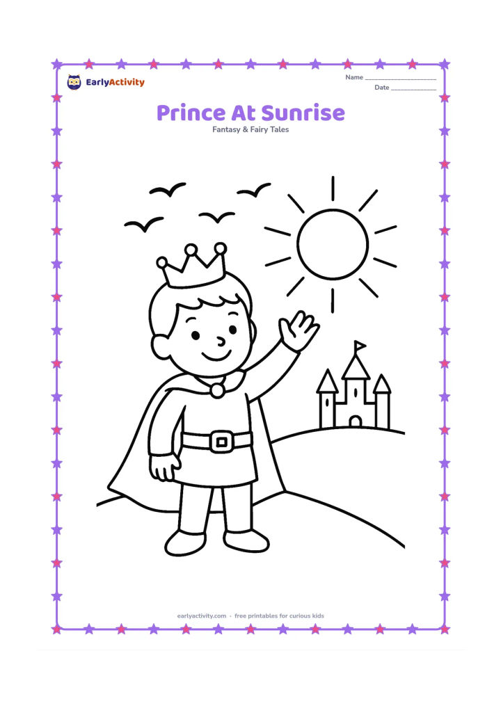 Colouring page: A smiling prince stands on a hill and raises one hand toward a large rising sun. Include a simple castle silhouette in the distance and three large birds.