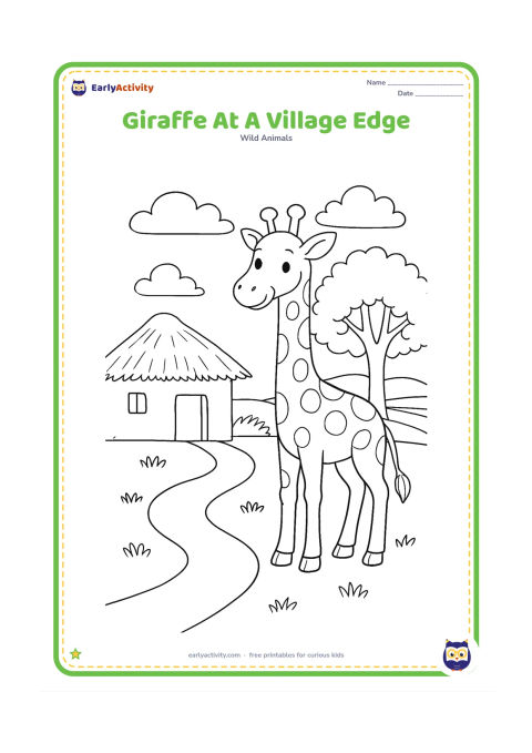 Colouring page: A friendly giraffe stands at the edge of a rural Indian village landscape, beside a mud-plastered house with a simple thatched roof and a leafy tree. Include a footpath, grass and…