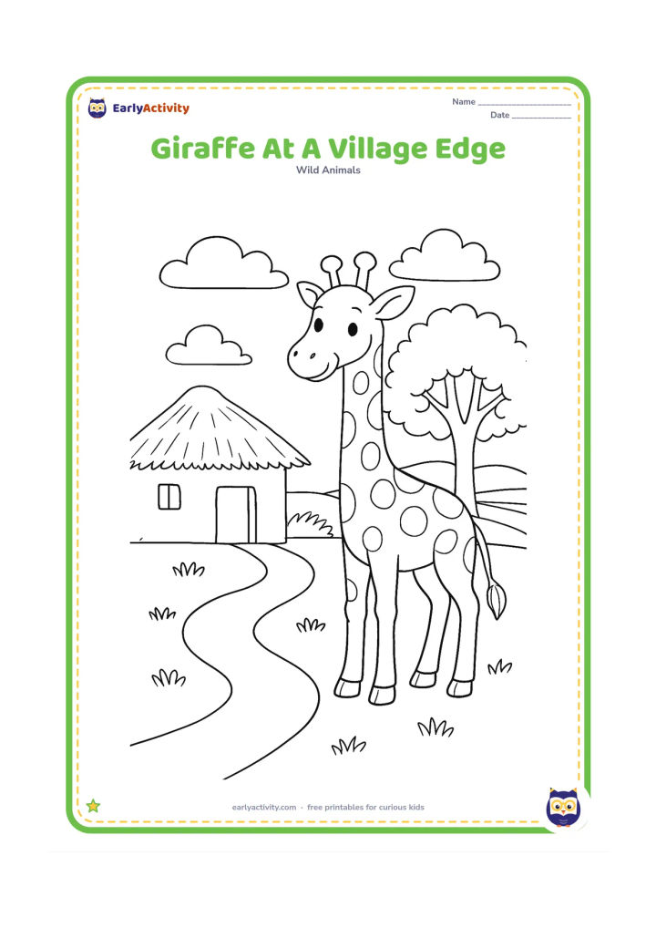 Colouring page: A friendly giraffe stands at the edge of a rural Indian village landscape, beside a mud-plastered house with a simple thatched roof and a leafy tree. Include a footpath, grass and…