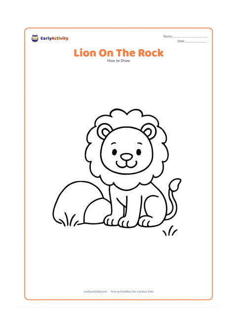 Worksheet: Draw a friendly sitting lion beside one large rounded rock, with a bold mane, simple paws, curled tail and a few short grass blades. Keep the composition centred with large open areas…