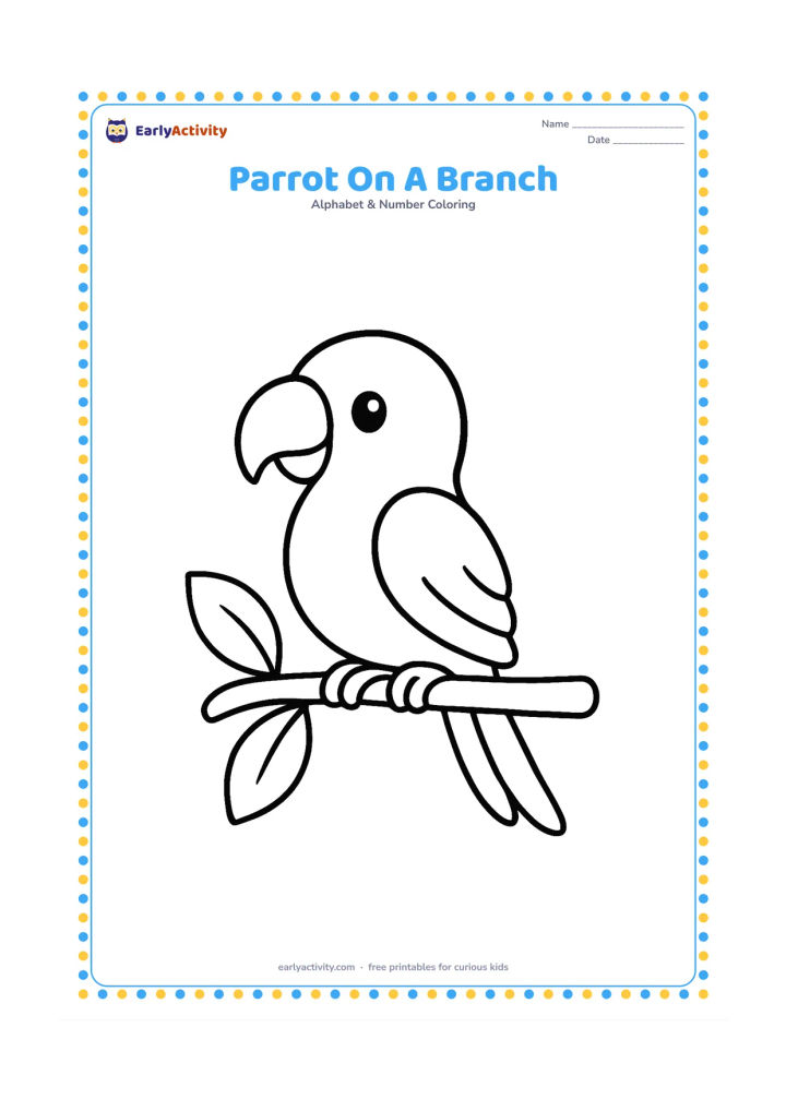 Colouring page: Draw a friendly parrot perched on a short branch, facing sideways with a curved beak and a long simple tail. Add two broad leaves behind the branch.
