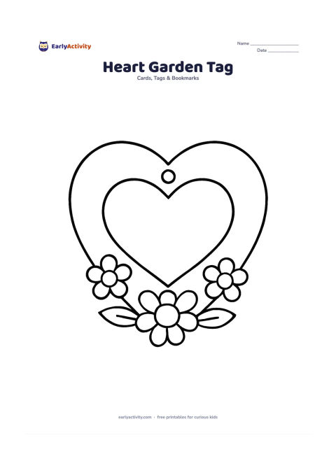 Worksheet: Draw a large heart-shaped gift tag with three simple flowers and two leaves along the bottom edge, plus a blank inner heart area for a message. Add a small hole at the top point.