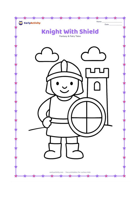 Colouring page: A friendly young knight stands facing forward with a large round shield and a simple helmet, boots, and tunic. Place a small castle tower and two clouds behind the knight, leaving broad…
