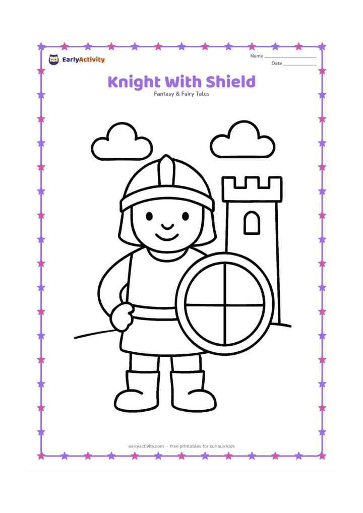 Colouring page: A friendly young knight stands facing forward with a large round shield and a simple helmet, boots, and tunic. Place a small castle tower and two clouds behind the knight, leaving broad…