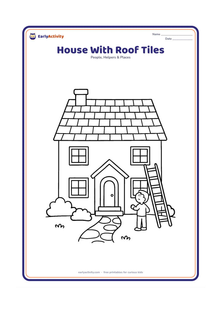 Colouring page: Draw a family home with a large tiled roof, chimney, front door, windows, steps, shrubs and a stone path. Include a ladder leaning safely against the side and a person checking the roof…
