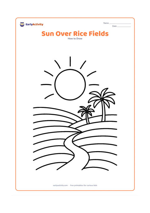 Worksheet: Draw a round morning sun with curved rays above layered rice-field bands, a narrow path and two distant palm trees. Use sweeping curves to show the field sections.