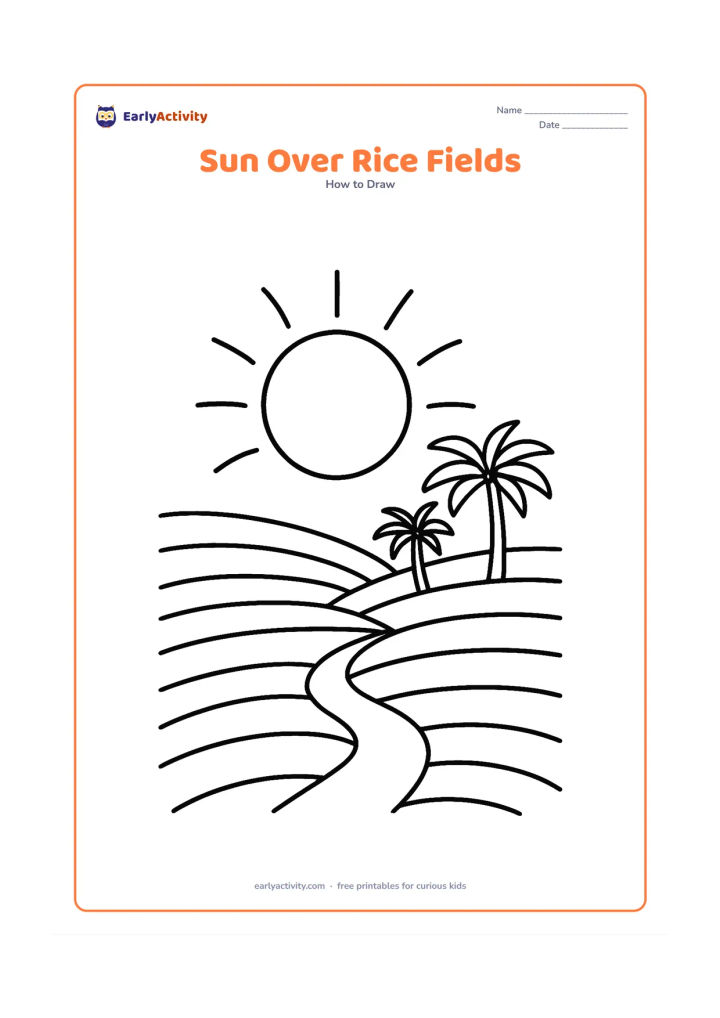 Worksheet: Draw a round morning sun with curved rays above layered rice-field bands, a narrow path and two distant palm trees. Use sweeping curves to show the field sections.