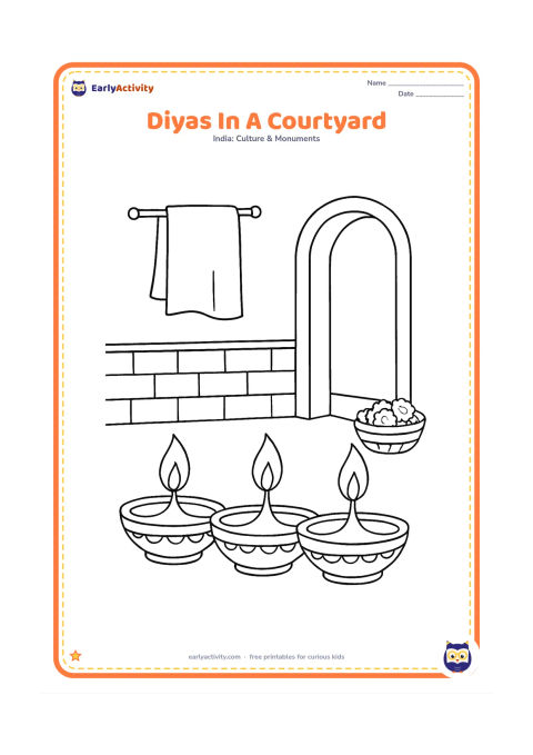Colouring page: Three diyas glow in an Indian courtyard beside a low wall, a doorway, hanging fabric and a small basket of marigold flowers.