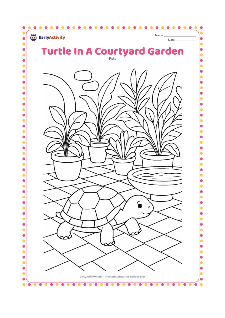 Colouring page: A pet turtle explores a detailed courtyard garden with patterned paving, terracotta pots, broad tropical leaves and a small shaded water basin. Compose the scene with the turtle in the…