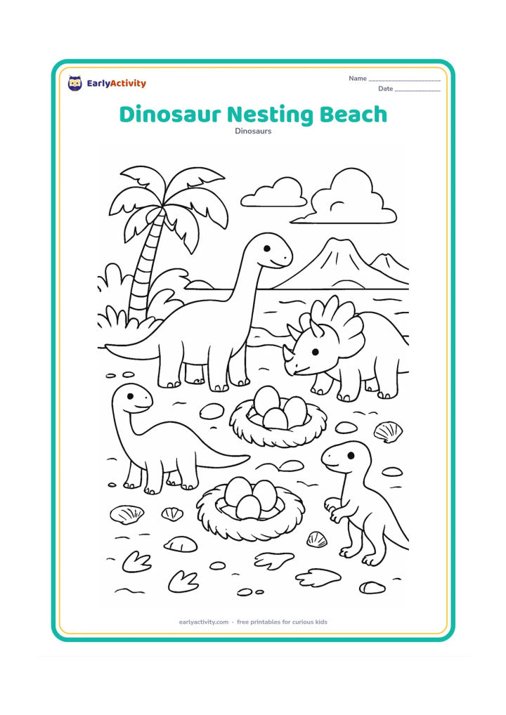 Colouring page: A group of gentle dinosaurs gathers near several nests on a prehistoric shoreline. Show eggs, palm-like plants, shells, tide pools, footprints and a calm sea with distant volcanic islands.