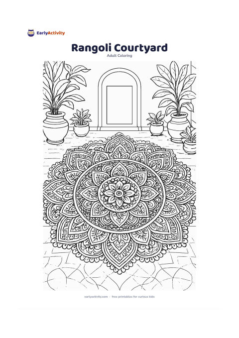 Colouring page: A large symmetrical rangoli-inspired floor design fills a courtyard, surrounded by clay pots, leafy plants and a low doorway without any markings or text. Build the design from petals,…