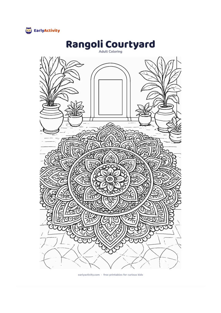 Colouring page: A large symmetrical rangoli-inspired floor design fills a courtyard, surrounded by clay pots, leafy plants and a low doorway without any markings or text. Build the design from petals,…