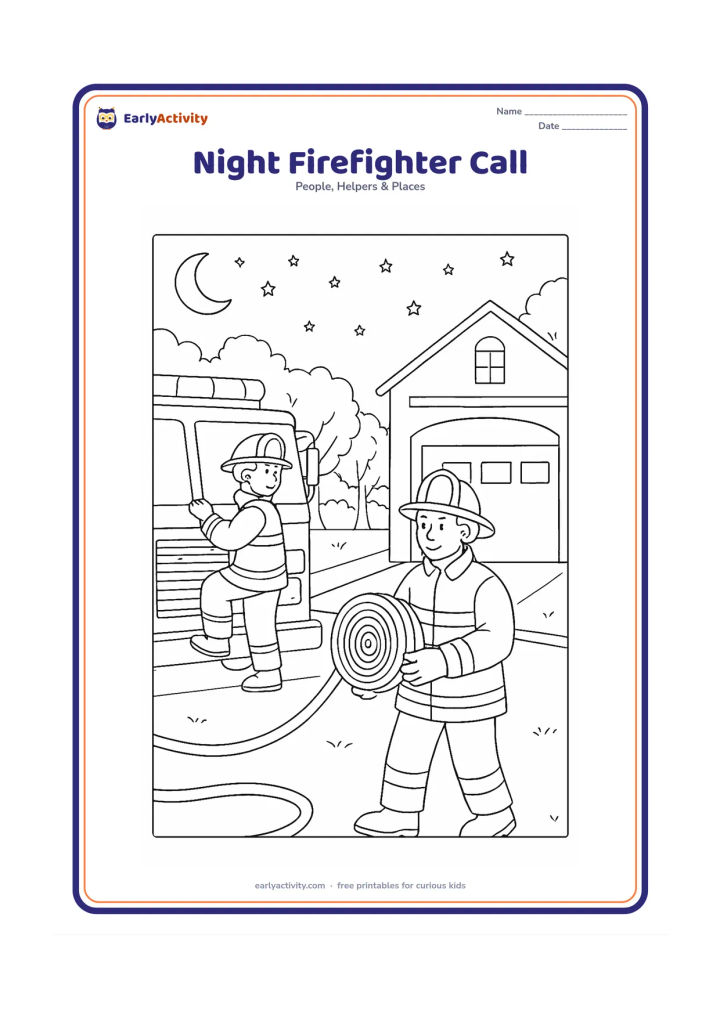 Colouring page: Two firefighters calmly prepare to leave a fire station at night, one climbing into a fire engine and the other checking a hose, with a moon, stars, station doors and a quiet tree-lined…