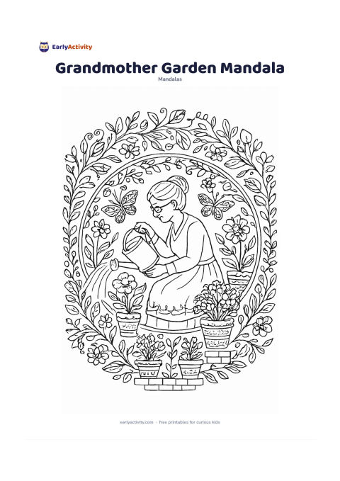 Colouring page: Place an older woman watering flowering plants at the centre of a circular home-garden mandala, surrounded by pots, vines, butterflies, leaves, and a low garden wall. Arrange the plants…