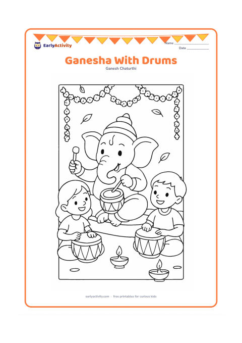 Colouring page: A joyful Ganesha plays a small drum while two children play hand drums nearby. Set the scene in a decorated courtyard with flower strings, diyas and a few leaves.