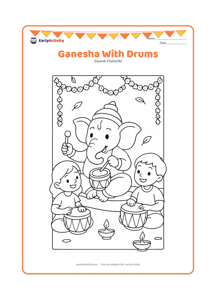 Colouring page: A joyful Ganesha plays a small drum while two children play hand drums nearby. Set the scene in a decorated courtyard with flower strings, diyas and a few leaves.