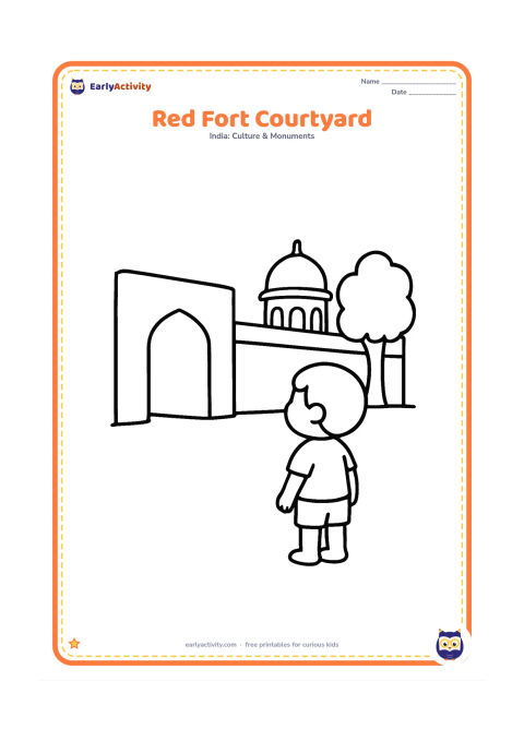 Colouring page: Draw a simple Red Fort courtyard with a broad sandstone wall, one large archway, a domed pavilion and a tree. Include a child standing nearby and looking at the fort.