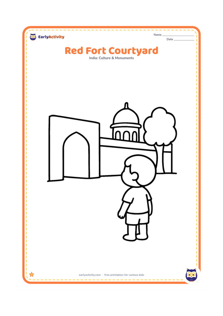 Colouring page: Draw a simple Red Fort courtyard with a broad sandstone wall, one large archway, a domed pavilion and a tree. Include a child standing nearby and looking at the fort.